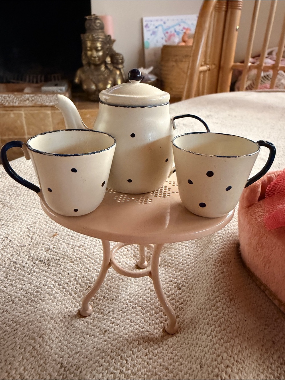 Maileg tea for two miniature size-Painted Cream Polka Dot Teapot Set -